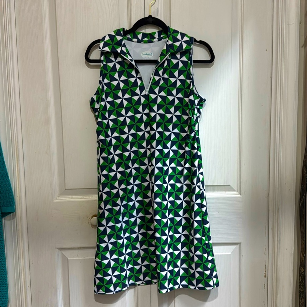 Southwind Apparel navy, green and white collared golf dress.